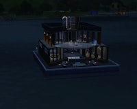 a sims house floating on a body of water